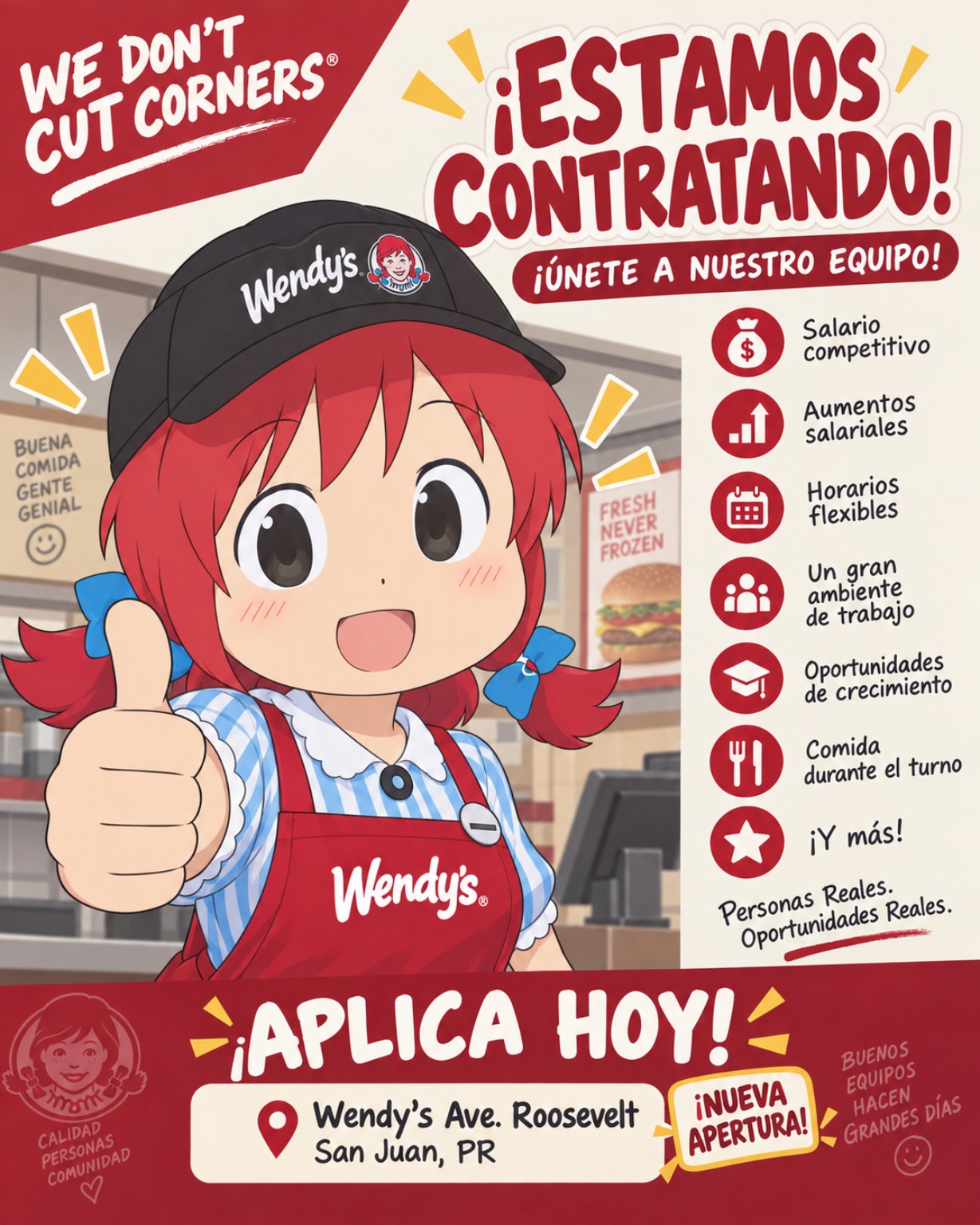 Chica del afiche de nueva apertura de Wendy’s Ave. Roosevelt, con camisa azul a cuadros, delantal rojo y el pulgar arriba